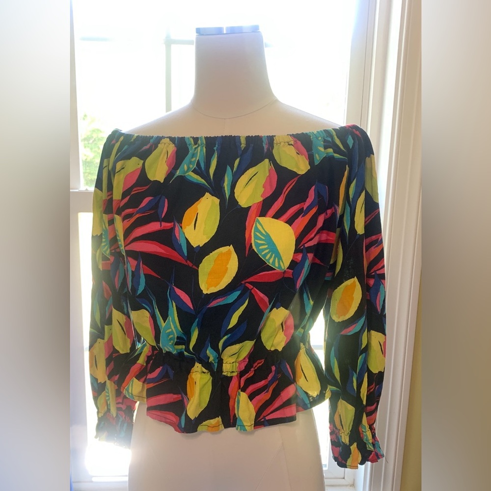 Tabitha Brown  S Off-Shoulder Peplum  Black Lemony 3/4 Sleeve, Linen Blend - Picture 4 of 7